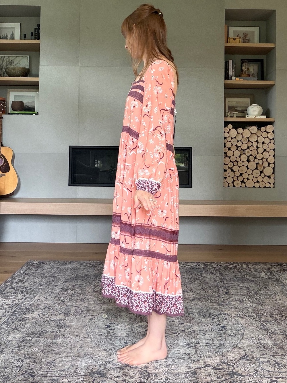 Jaase NWT boho pink Peach Midi Dress with Long Sleeves tiered skirt medium - Picture 4 of 14